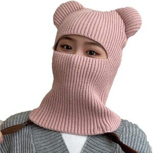 Women's Pink Winter Hat Warm Hooded Scarf Hat Balaclava Knit Skull Beanie